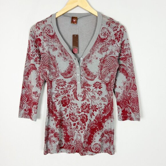 Vintage Y2K Henley Tee Gray & Red Floral Boho Size Medium Women's - Picture 1 of 4